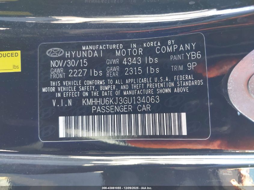 2016 Hyundai Genesis 3.8 R-Spec VIN: KMHHU6KJ3GU134063 Lot: 43861055