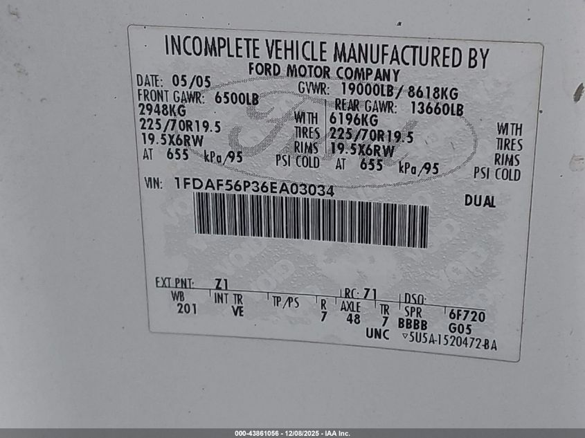 2006 Ford F-550 Chassis Xl/Xlt VIN: 1FDAF56P36EA03034 Lot: 43861056