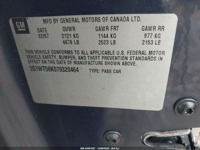 2007 Chevrolet Impala Lt VIN: 2G1WT58K079320464 Lot: 43861057
