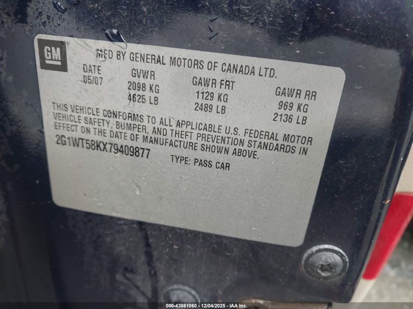 2007 Chevrolet Impala Lt VIN: 2G1WT58KX79409877 Lot: 43861060