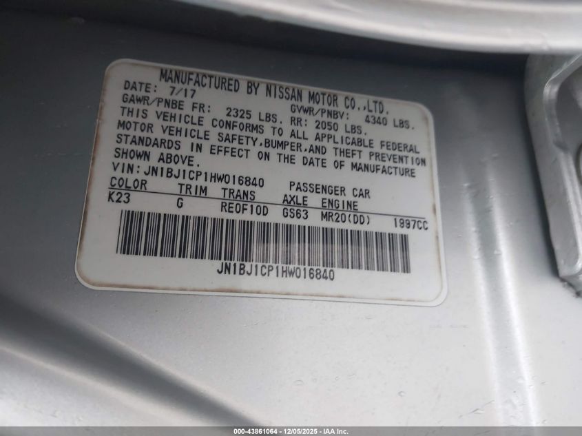 2017 Nissan Rogue Sport Sv VIN: JN1BJ1CP1HW016840 Lot: 43861064