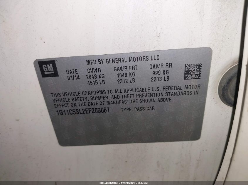 2014 Chevrolet Malibu 1Lt VIN: 1G11C5SL2EF205087 Lot: 43861066