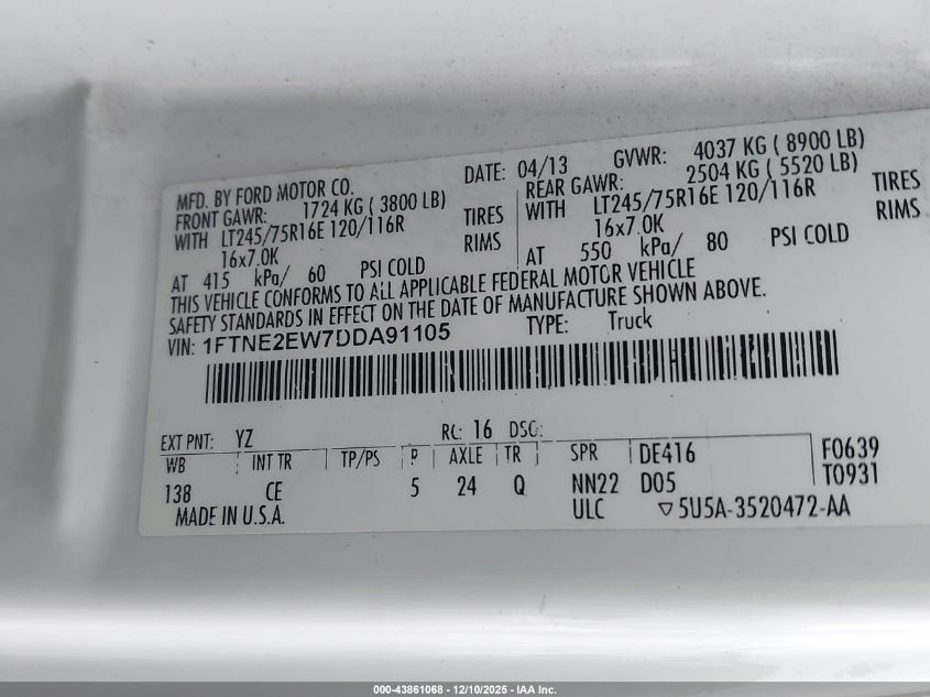 2013 Ford E-250 Commercial VIN: 1FTNE2EW7DDA91105 Lot: 43861068