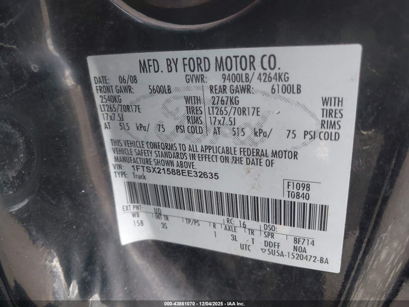 1FTSX21588EE32635 2008 FORD F250 photo no. 9
