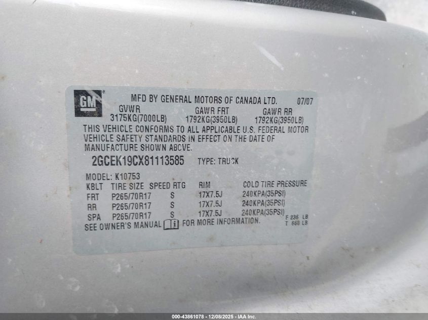 2008 Chevrolet Silverado 1500 Lt1 VIN: 2GCEK19CX81113585 Lot: 43861078