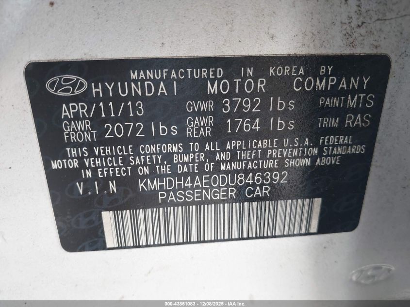2013 Hyundai Elantra Gls VIN: KMHDH4AE0DU846392 Lot: 43861083