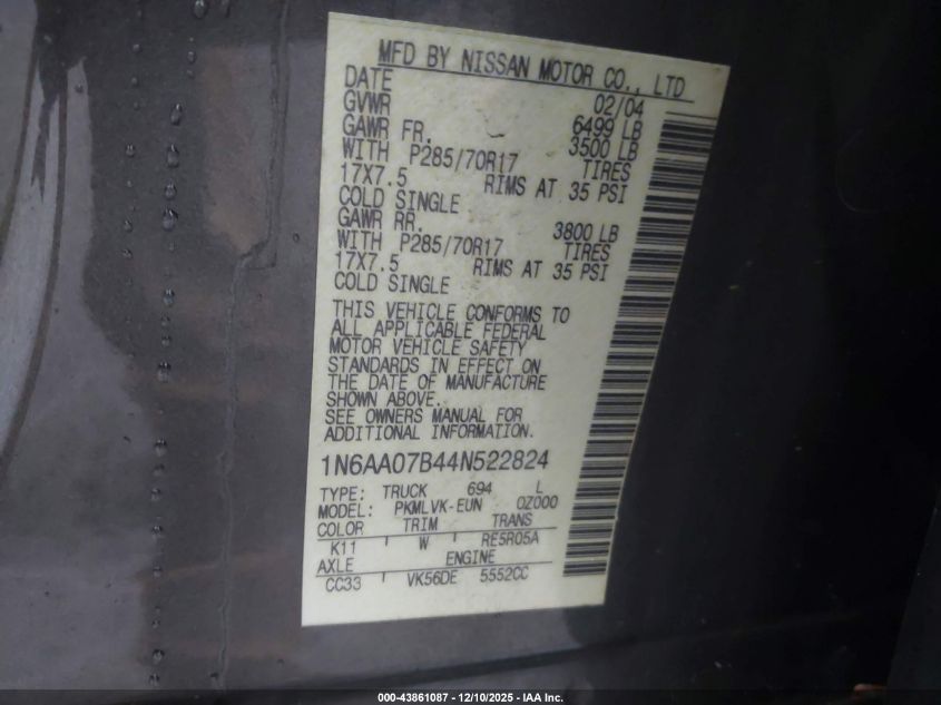 2004 Nissan Titan Le VIN: 1N6AA07B44N522824 Lot: 43861087