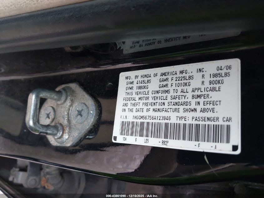 2006 Honda Accord Sdn 2.4 Ex/Ex VIN: 1HGCM56756A123946 Lot: 43861098