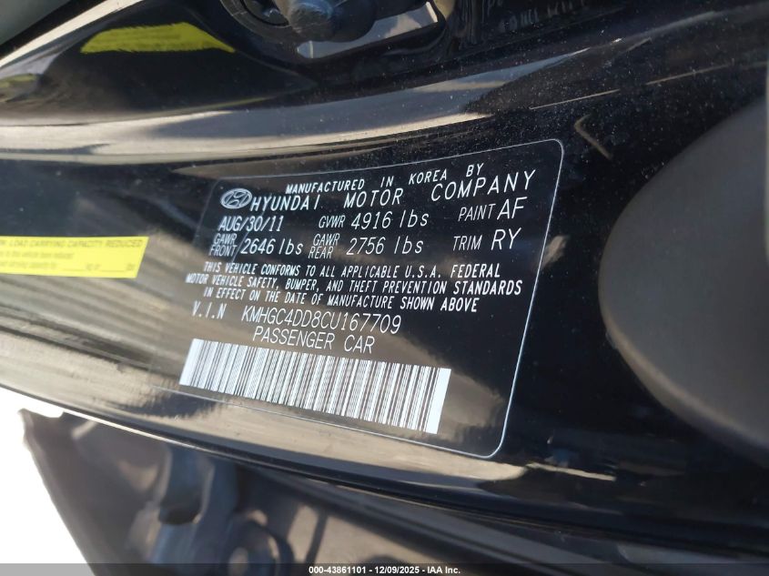 2012 Hyundai Genesis 3.8 VIN: KMHGC4DD8CU167709 Lot: 43861101