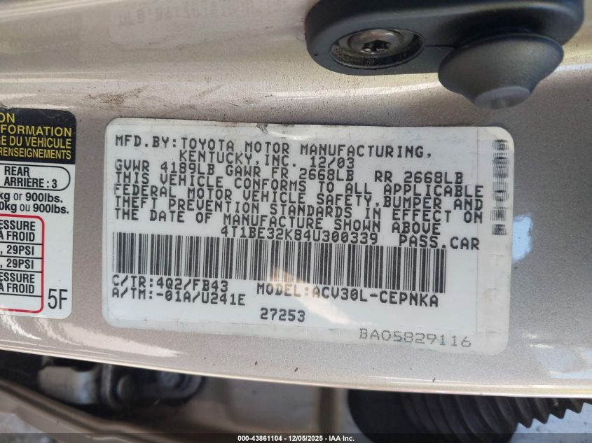 2004 Toyota Camry Le VIN: 4T1BE32K84U300339 Lot: 43861104