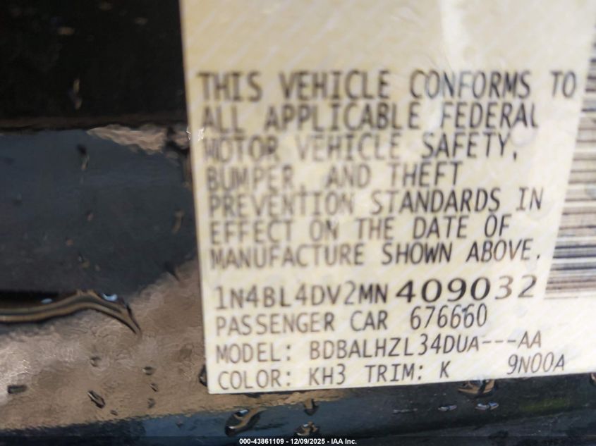 2021 Nissan Altima Sv Fwd VIN: 1N4BL4DV2MN409032 Lot: 43861109