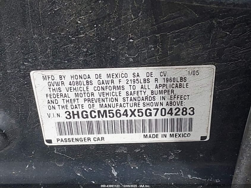 2005 Honda Accord 2.4 Lx VIN: 3HGCM564X5G704283 Lot: 43861123