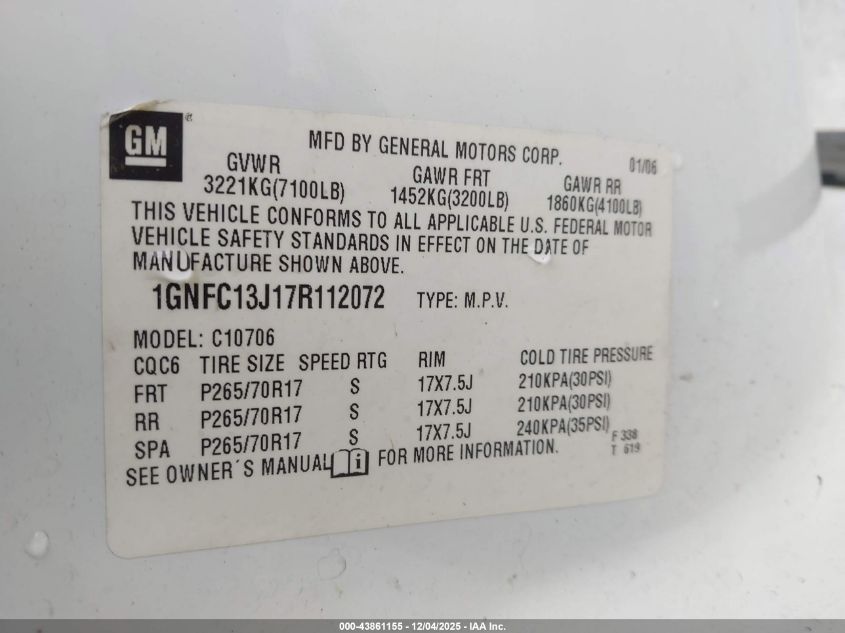 2007 Chevrolet Tahoe Lt VIN: 1GNFC13J17R112072 Lot: 43861155