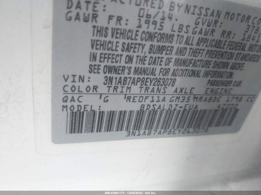 2014 Nissan Sentra VIN: 3N1AC7AP8EY263078 Lot: 43861172