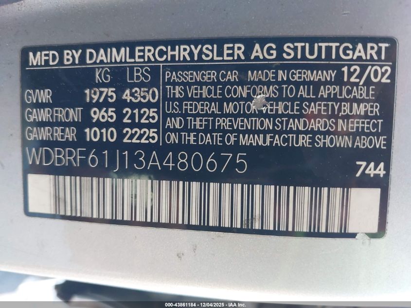 2003 Mercedes-Benz C 240 VIN: WDBRF61J13A480675 Lot: 43861184