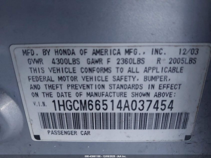 2004 Honda Accord 3.0 Ex VIN: 1HGCM66514A037454 Lot: 43861188