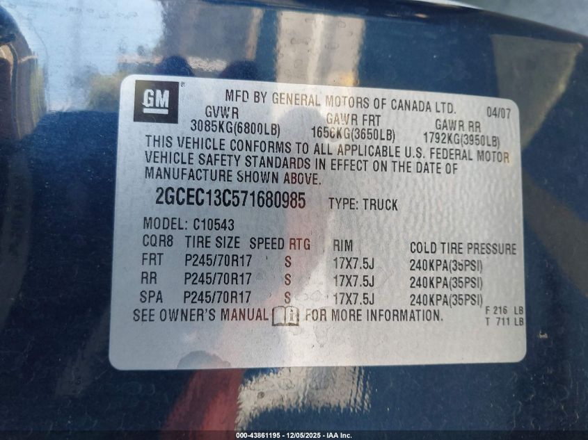 2007 Chevrolet Silverado 1500 Work Truck VIN: 2GCEC13C571680985 Lot: 43861195