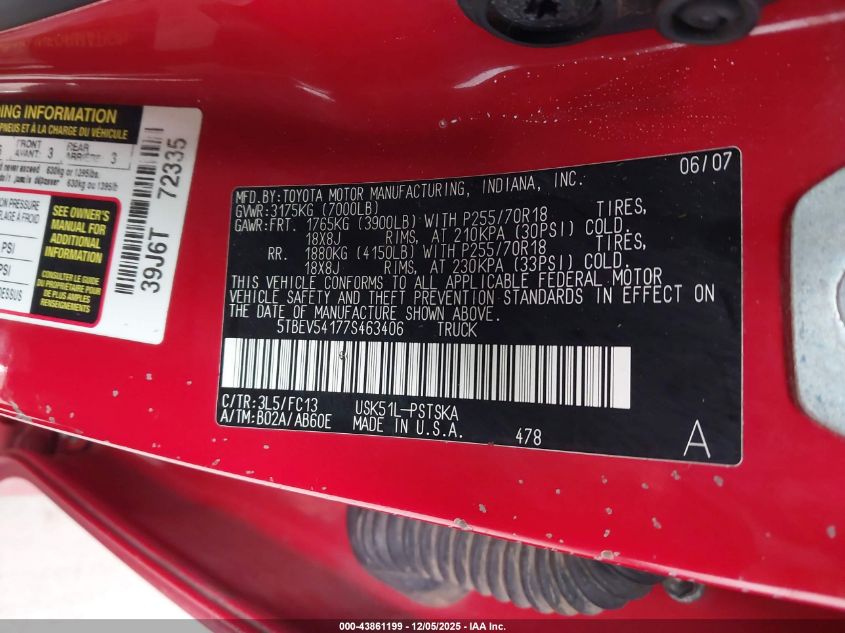 2007 Toyota Tundra Sr5 5.7L V8 VIN: 5TBEV54177S463406 Lot: 43861199