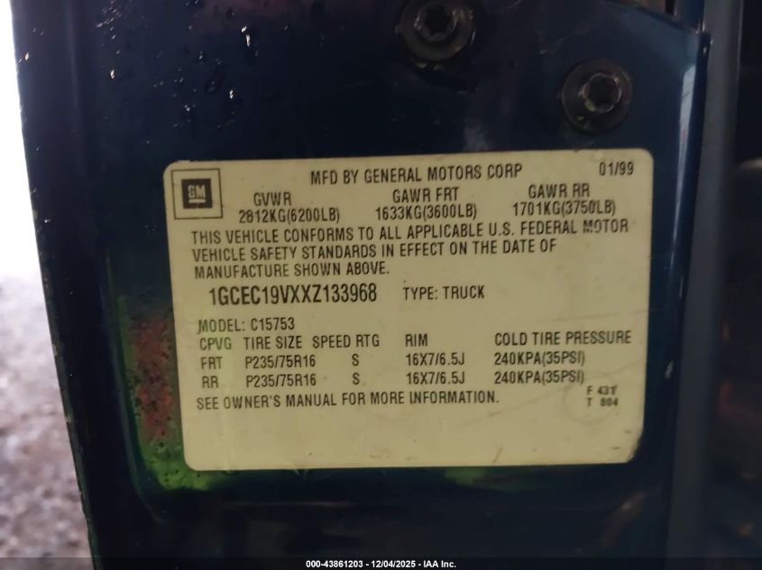 1999 Chevrolet Silverado 1500 Ls VIN: 1GCEC19VXXZ133968 Lot: 43861203