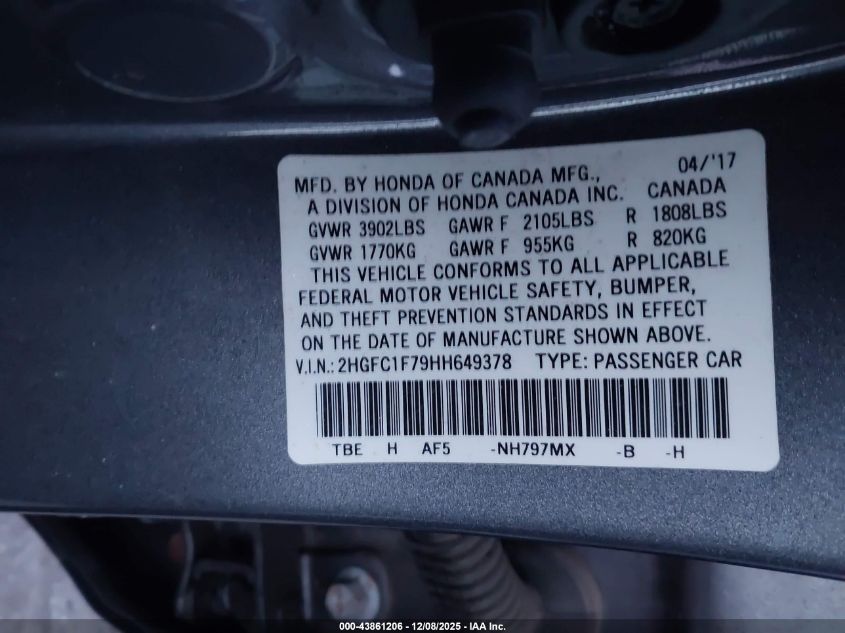 2017 Honda Civic Ex-L VIN: 2HGFC1F79HH649378 Lot: 43861206