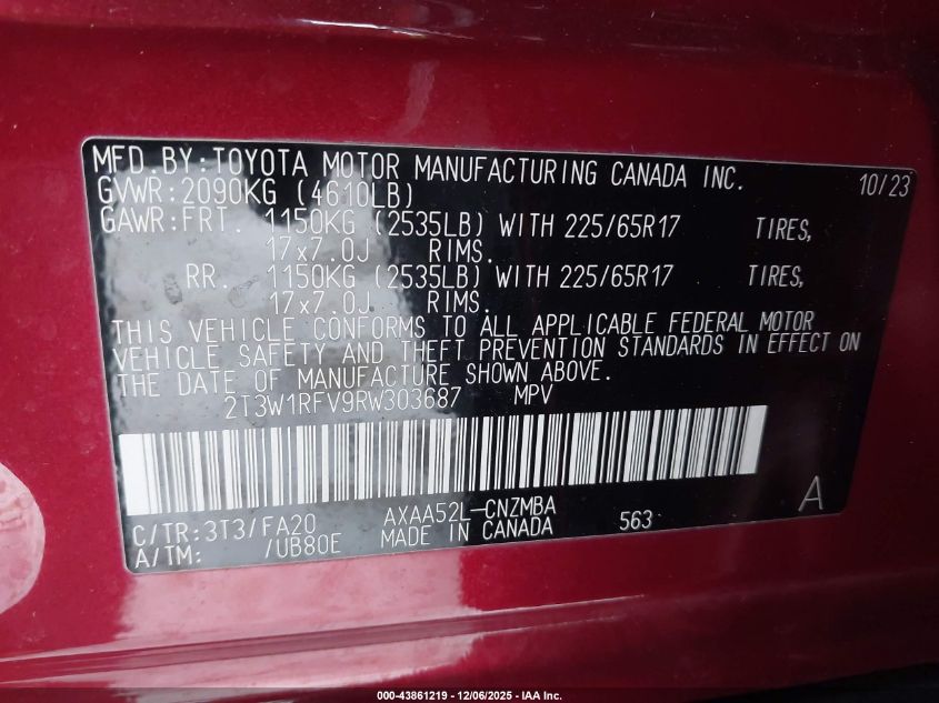 2024 Toyota Rav4 Xle VIN: 2T3W1RFV9RW303687 Lot: 43861219