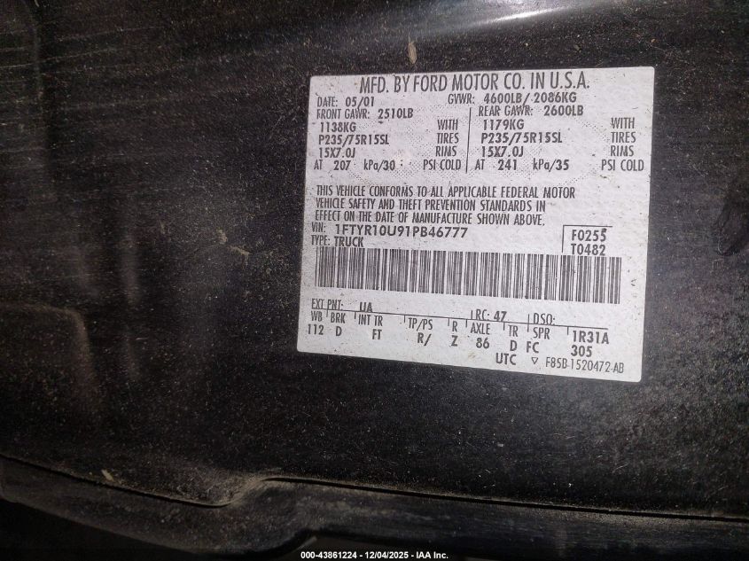 1FTYR10U91PB46777 2001 FORD RANGER photo no. 9