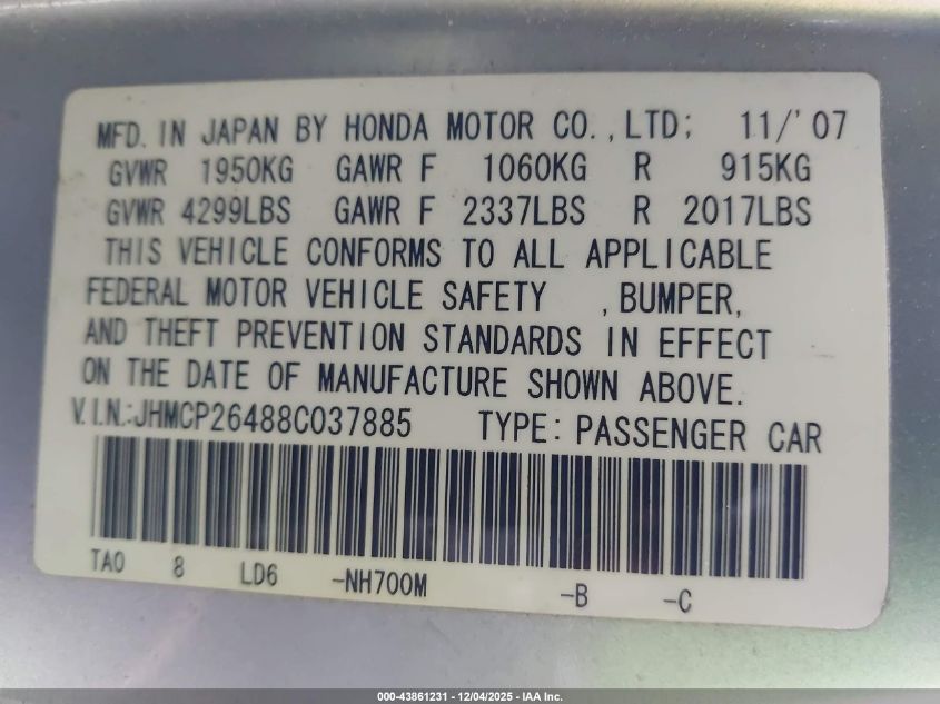 2008 Honda Accord 2.4 Lx-P VIN: JHMCP26488C037885 Lot: 43861231