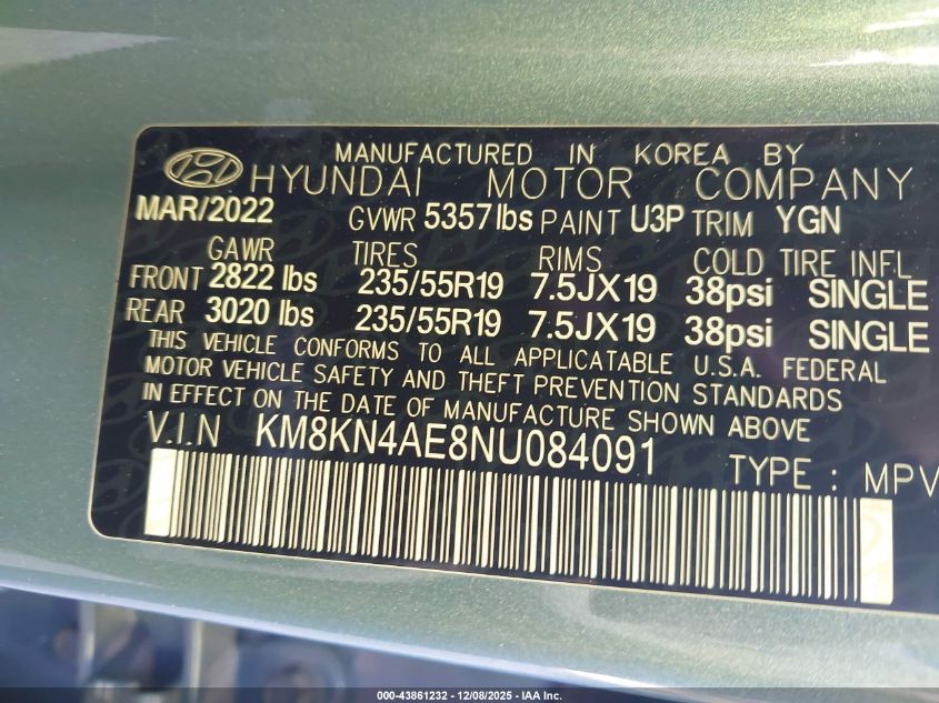 2022 Hyundai Ioniq 5 Sel VIN: KM8KN4AE8NU084091 Lot: 43861232