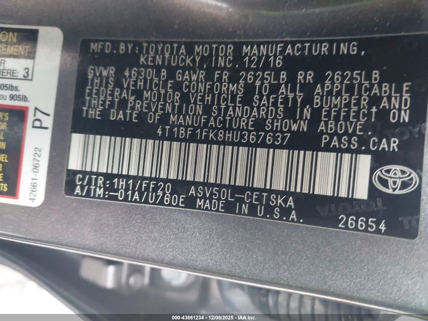 2017 Toyota Camry Se VIN: 4T1BF1FK8HU367637 Lot: 43861234