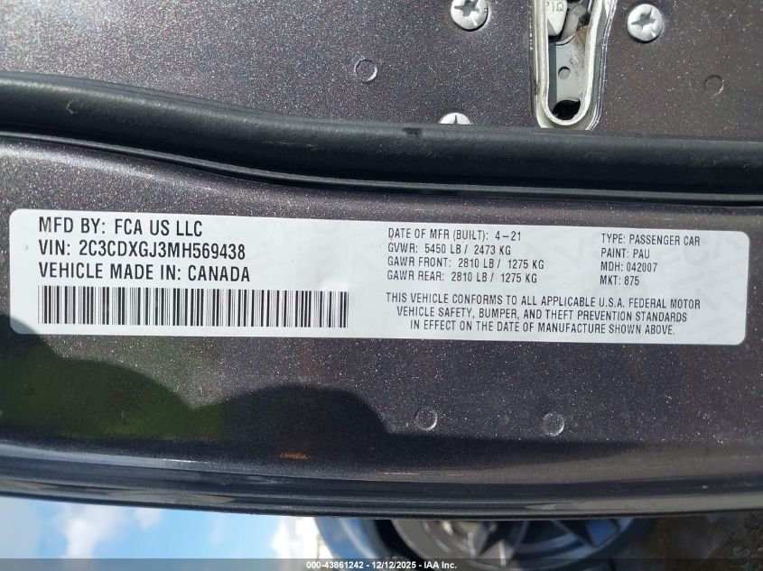 2021 Dodge Charger Scat Pack Widebody Rwd VIN: 2C3CDXGJ3MH569438 Lot: 43861242