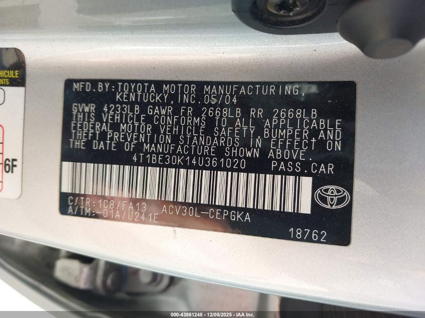 2004 Toyota Camry Xle VIN: 4T1BE30K14U361020 Lot: 43861248