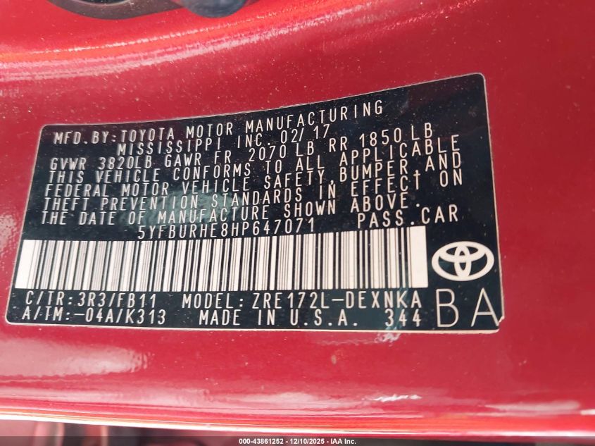 2017 Toyota Corolla Le VIN: 5YFBURHE8HP647071 Lot: 43861252