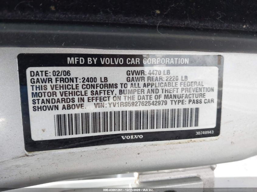 2006 Volvo S60 2.5T VIN: YV1RS592762542979 Lot: 43861261
