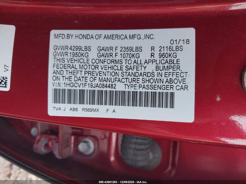 2018 Honda Accord Lx VIN: 1HGCV1F19JA084482 Lot: 43861263