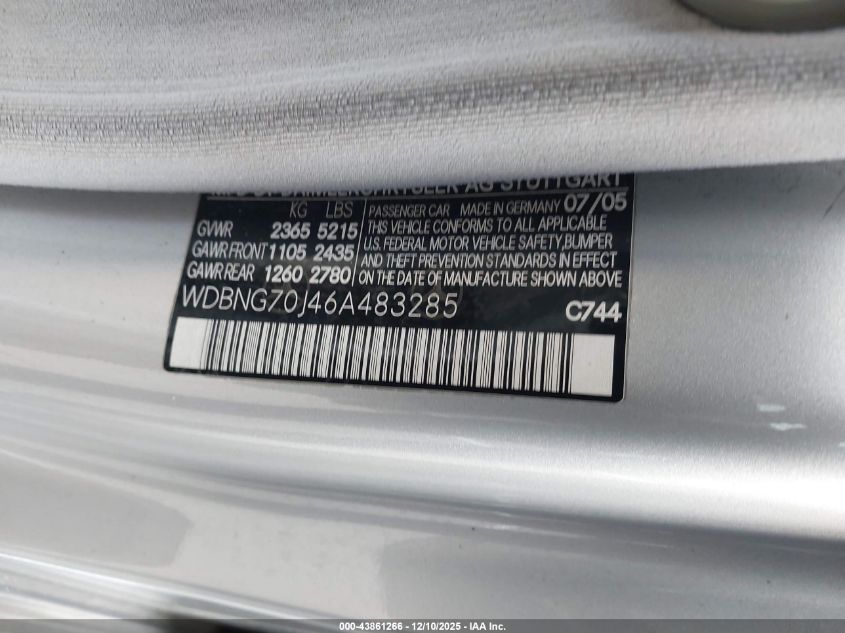 2006 Mercedes-Benz S 430 VIN: WDBNG70J46A483285 Lot: 43861266
