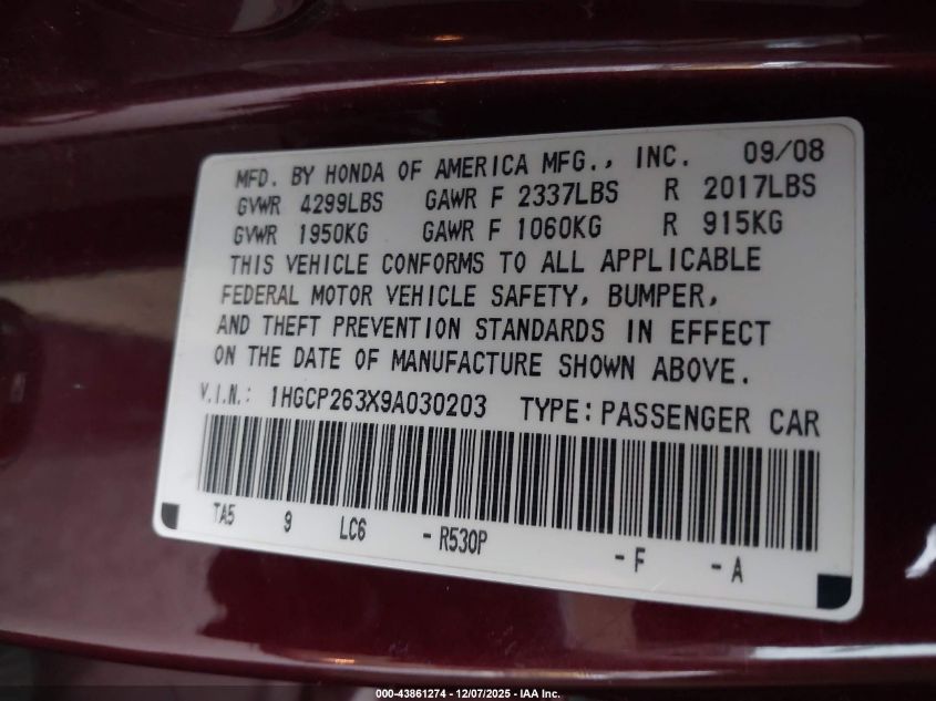 2009 Honda Accord 2.4 Lx VIN: 1HGCP263X9A030203 Lot: 43861274