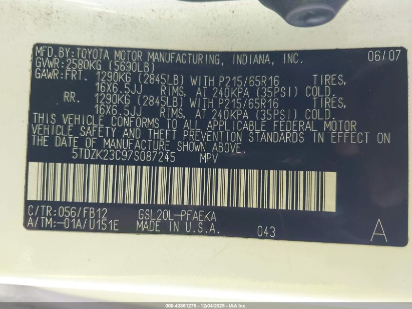 2007 Toyota Sienna Ce VIN: 5TDZK23C97S087245 Lot: 43861275
