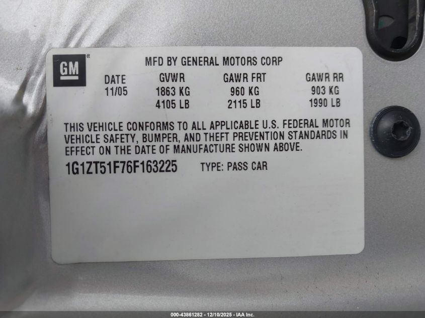 2006 Chevrolet Malibu Lt VIN: 1G1ZT51F76F163225 Lot: 43861282