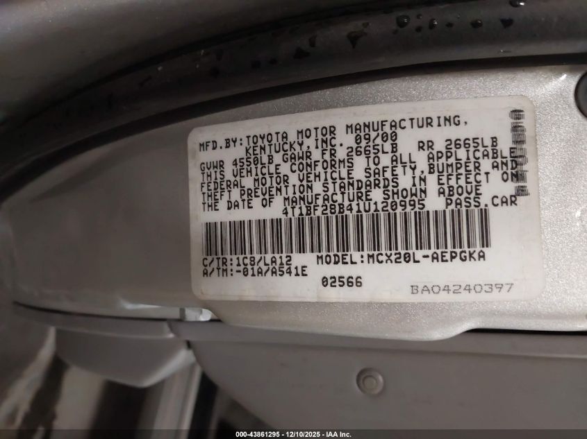 2001 Toyota Avalon Xls VIN: 4T1BF28B41U120995 Lot: 43861295