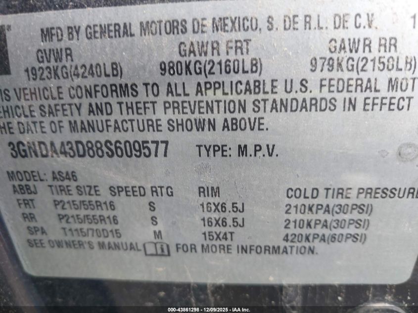 2008 Chevrolet Hhr Lt VIN: 3GNDA43D88S609577 Lot: 43861298