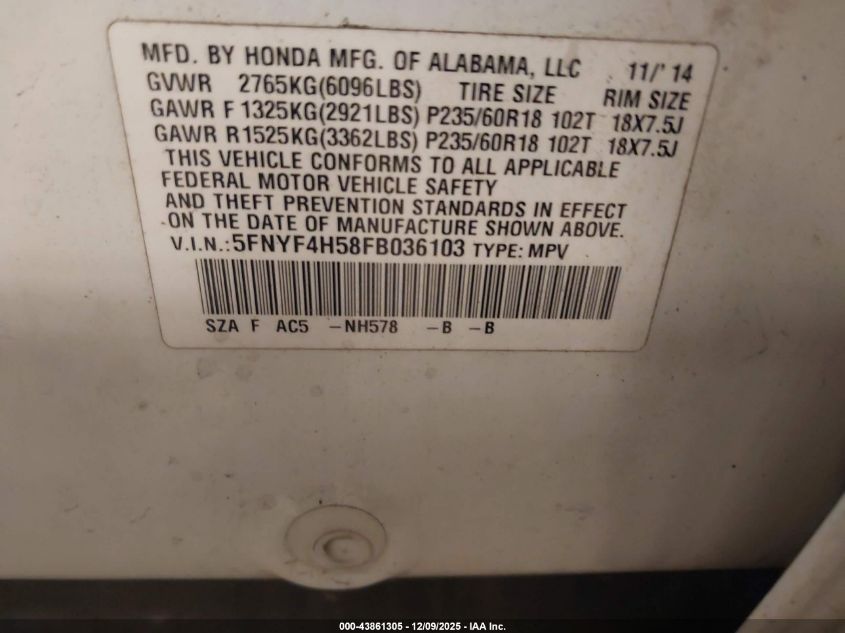 2015 Honda Pilot Ex-L VIN: 5FNYF4H58FB036103 Lot: 43861305