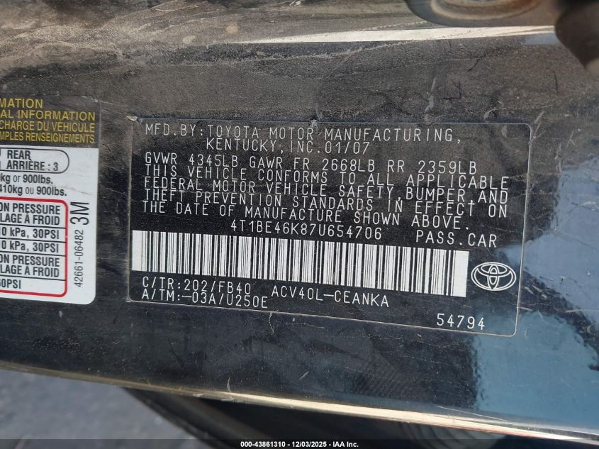 2007 Toyota Camry Le VIN: 4T1BE46K87U654706 Lot: 43861310