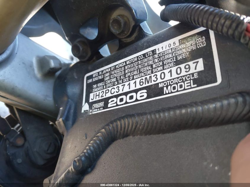 2006 Honda Cbr600 Rr VIN: JH2PC37116M301097 Lot: 43861324