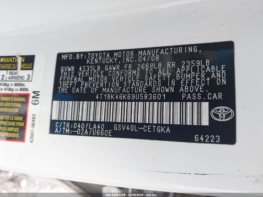 2009 Toyota Camry Xle V6 VIN: 4T1BK46K69U583601 Lot: 43861325