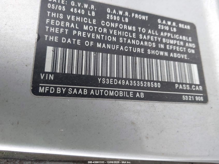 2005 Saab 9-5 Arc VIN: YS3ED49A353528580 Lot: 43861333