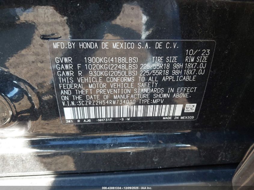 2024 Honda Hr-V Awd Sport/Awd Sport W/O Bsi VIN: 3CZRZ2H54RM734010 Lot: 43861334