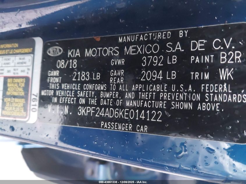 2019 Kia Forte Lxs VIN: 3KPF24AD6KE014122 Lot: 43861338