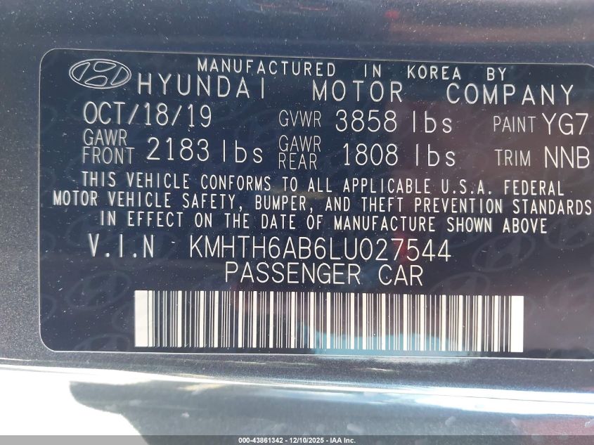 2020 Hyundai Veloster Turbo VIN: KMHTH6AB6LU027544 Lot: 43861342