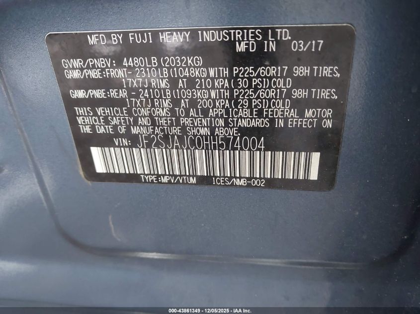 2017 Subaru Forester 2.5I Limited VIN: JF2SJAJC0HH574004 Lot: 43861349