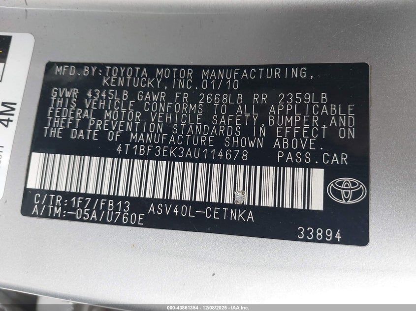 4T1BF3EK3AU114678 2010 TOYOTA CAMRY photo no. 9
